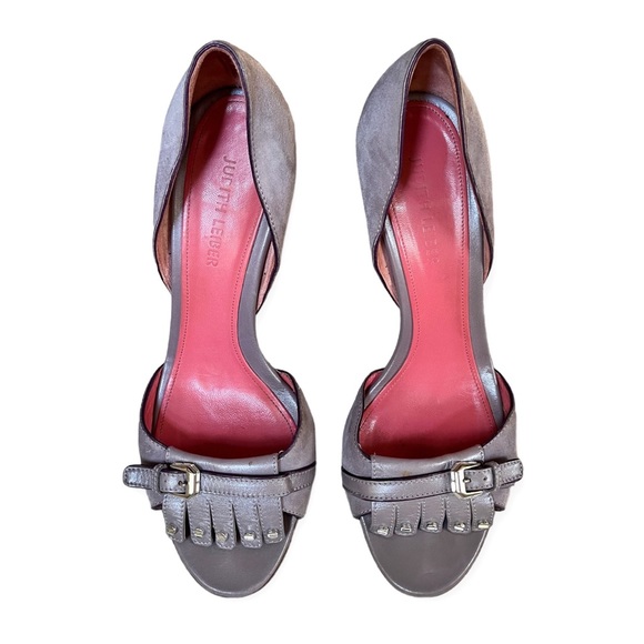 RARE JUDITH LEIBER VIOLET SUEDE & LEATHER JEWEL/FRINGE OPEN TOE HEELS, sz 10B - Picture 2 of 14